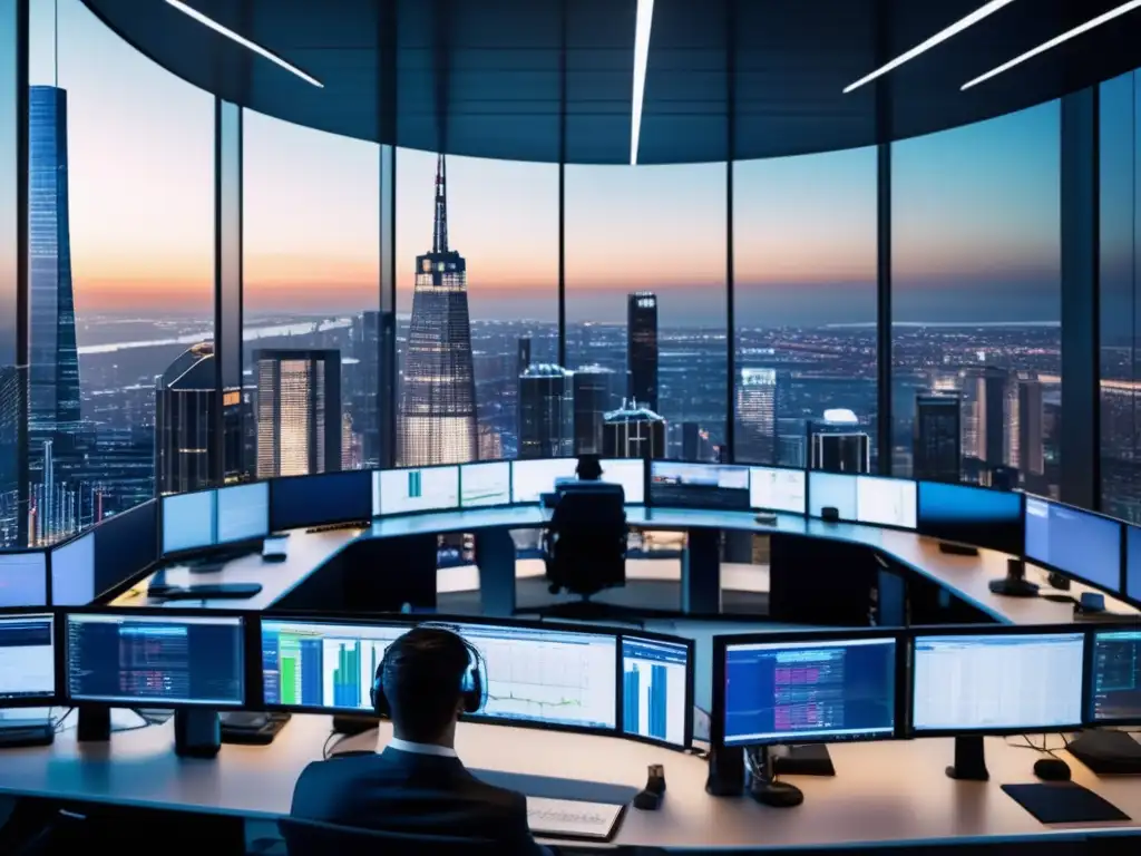 Traders expertos en mercado y gestión del riesgo Traders expertos en estrategias de inversión activa en un moderno trading floor con vistas a la ciudad