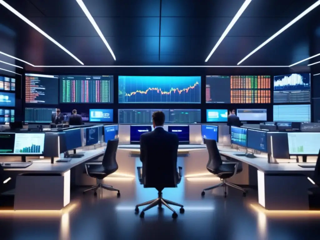 Trading floor moderno y sofisticado Traders expertos en moderna sala de trading, mostrando datos financieros en pantallas de alta tecnología