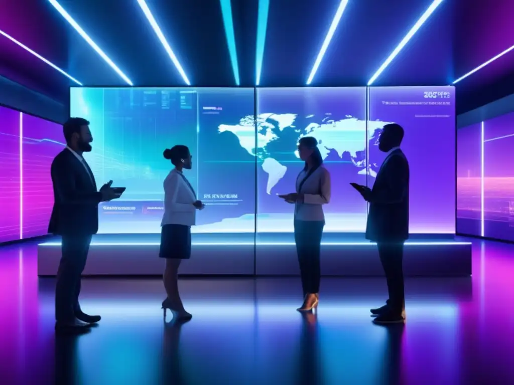 Trading futurista con tecnología AI Traders interactúan en futurista piso de trading con tecnología AI, fusionando inteligencia artificial y experticia humana