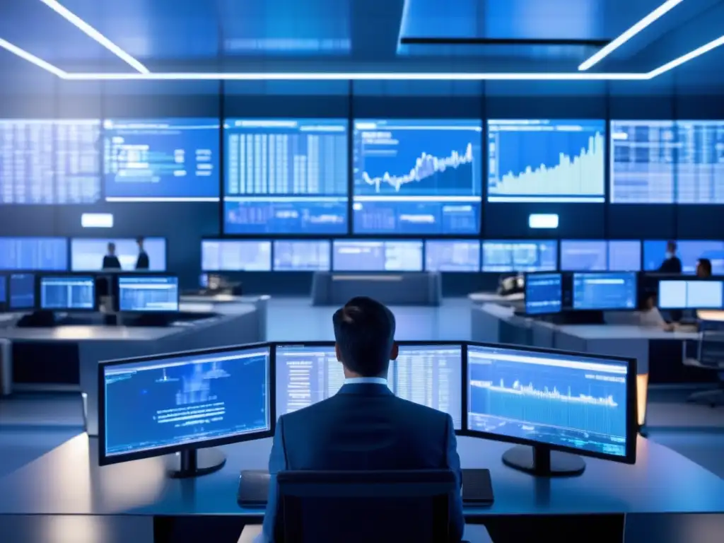 Trading futurista y análisis de datos Traders analizan gráficas en trading floor futurista, destacando backtesting estrategia inversión bots