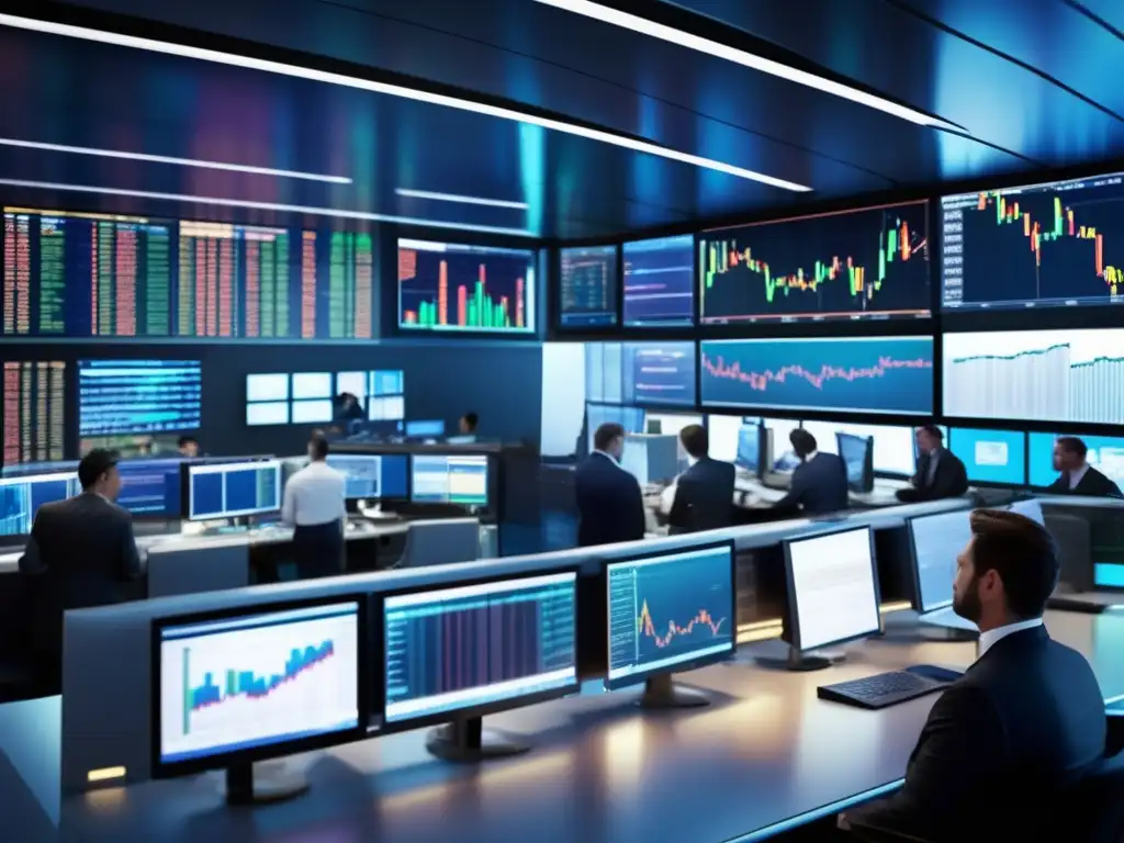 Traders profesionales en piso de trading Traders analizando gráficos y datos de bolsa, con enfoque y profesionalismo