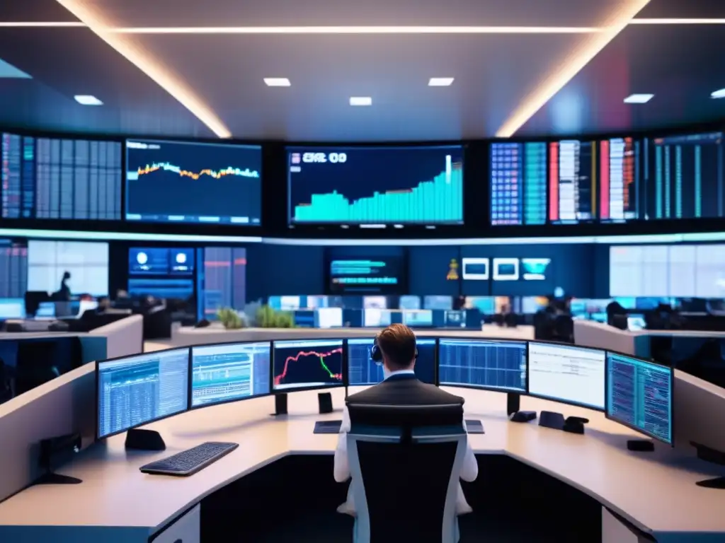 Trading floor futurista y vibrante con traders analizando datos Traders analizando gráficos y datos financieros en un moderno piso de operaciones con diseño futurista - Guía trading algorítmico para principiantes