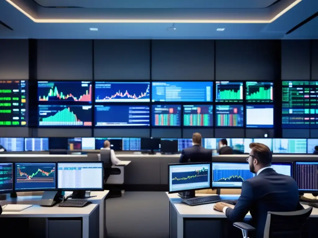 Traders analizando datos financieros Traders analizan gráficos y datos financieros en una sala de operaciones moderna