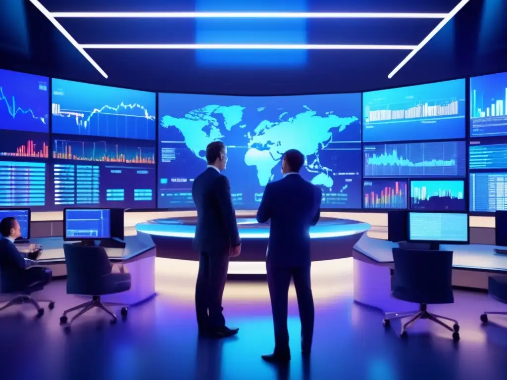 Traders analizando datos de mercado en una sala futurista Traders analizando gráficos y datos en un trading floor futurista - Análisis técnico para inversiones