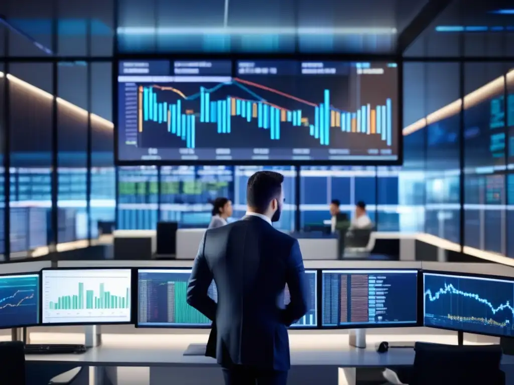 Traders analizando datos en una moderna sala de trading Traders analizando gráficos de mercado en una sala luminosa de diseño contemporáneo