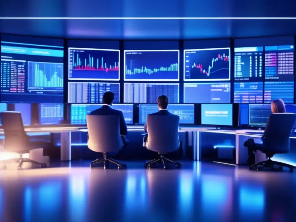 Traders analizando datos en una sala de trading moderna Traders analizando gráficos en moderno trading floor: Estrategia puntos pivote trading