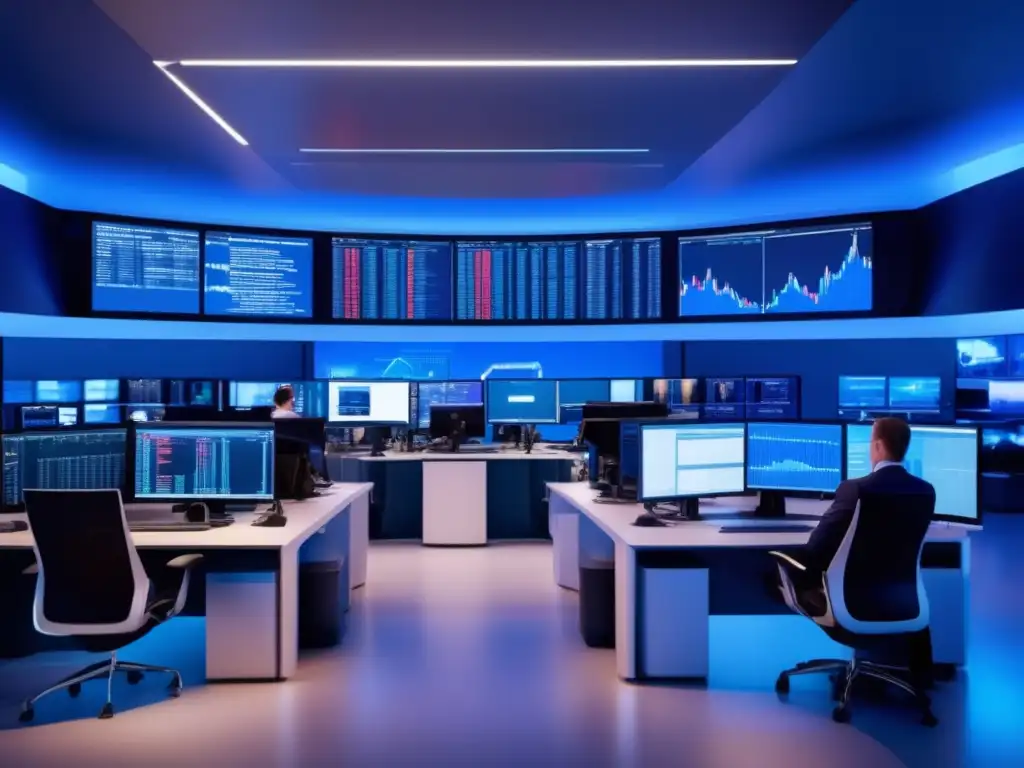 Mercado financiero de alta tecnología- Traders analizando gráficos y ejecutando operaciones en un entorno de trading de alta tecnología y sofisticación