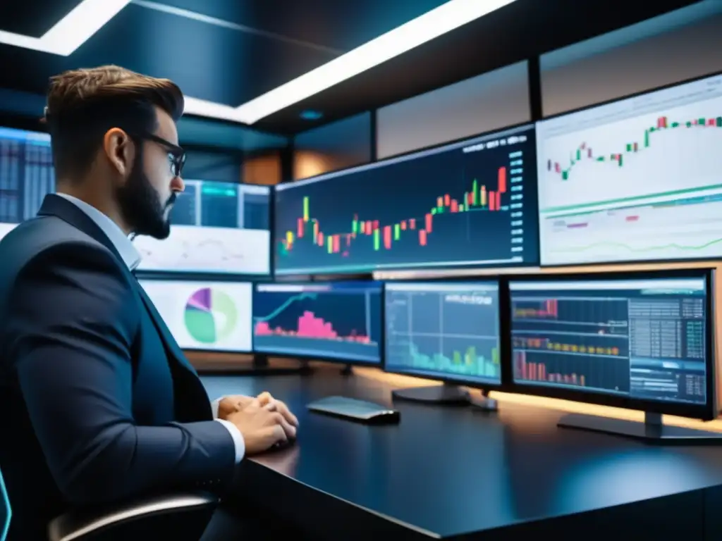 Traders analizando datos e interpretando indicador MFI Traders analizan gráficos en una sala de trading moderna y luminosa