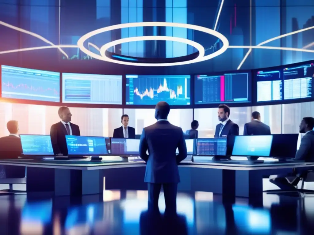 Trading floor futurista Traders analizan gráficos en una sala de trading futurista