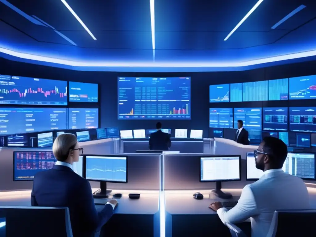 Trading floor futurista y tecnológico Traders analizan gráficos en una sala de trading futurista, destacando el trading algorítmico en inversiones financieras