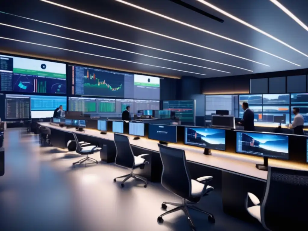 Trading floor de alto rendimiento Traders analizando gráficos y discutiendo en una sala de trading ultradetallada con tecnología de vanguardia
