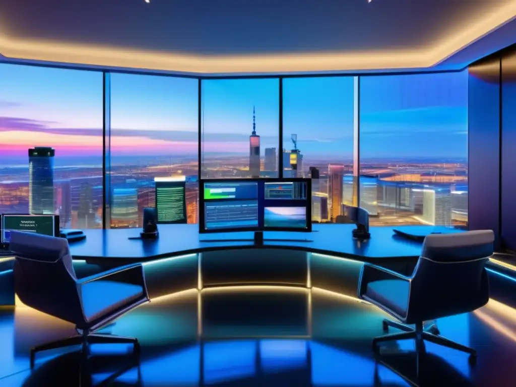 Sala de operaciones moderna con vista panorámica Traders analizando gráficos y tendencias del mercado
