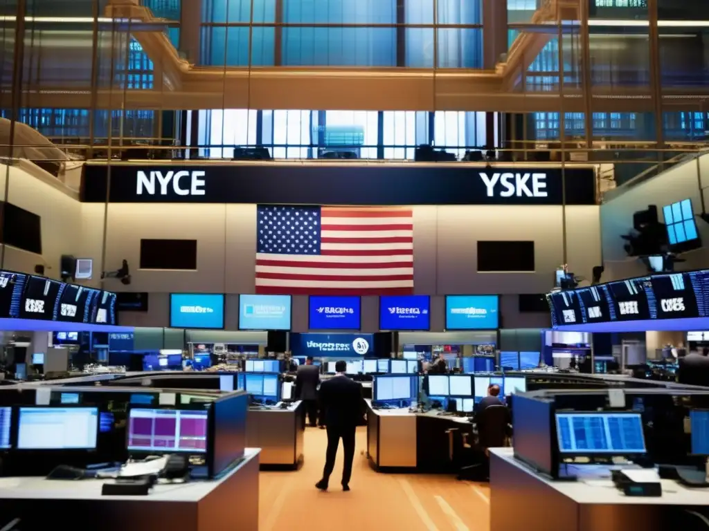 Traders en NYSE, ambiente vibrante Traders en NYSE, con indicadores clave de bolsas valores, en un piso moderno y luminoso, con tecnología avanzada