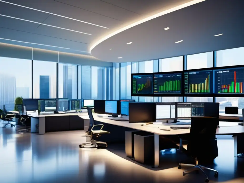 Piso de trading financiero moderno Traders en acción: Utilizar índices bursátiles para invertir