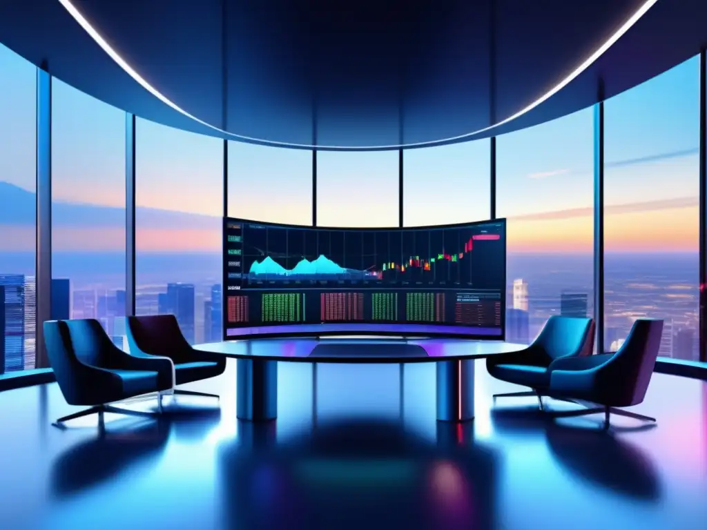 Sala de trading financiero con tecnología avanzada Traders analizan índices bursátiles para invertir