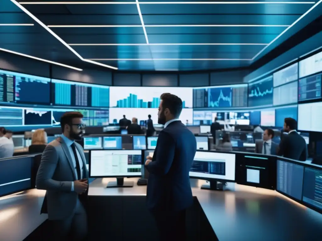 Trading floor: moderno y sofisticado Traders en institución financiera moderna, discutiendo y analizando gráficas y datos de mercado en una sala espaciosa y luminosa