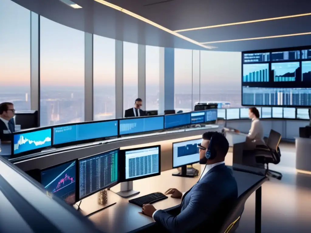 Trading floor moderno y dinámico Traders analizando mercado y discutiendo, ambiente profesional y contemporáneo - Estrategia inversión swaps