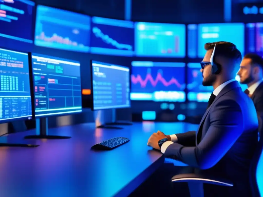 Trading floor futurista con monitores de criptomonedas Traders analizan mercado cripto en sala futurista con monitores 8k, datos en tiempo real y simuladores de criptomonedas para predecir mercado-