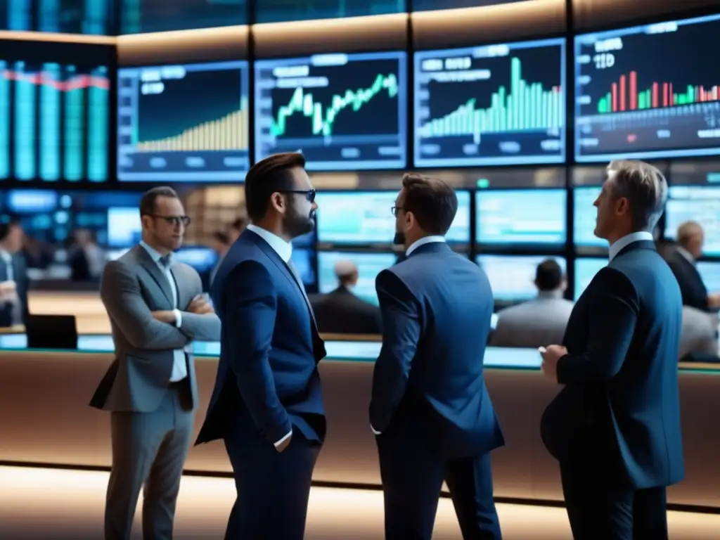 Traders en acción en la bolsa Traders en un mercado financiero con influencia de políticas monetarias y bonos