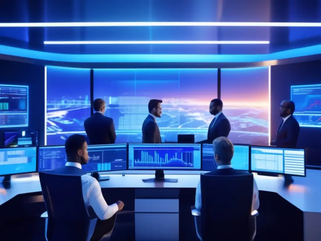 Moderna sala de trading con tecnología punta Traders analizando el mercado con herramientas de analítica predictiva en trading
