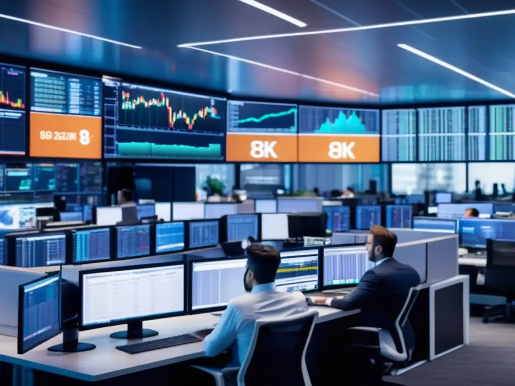 Traders en moderna sala de operaciones financieras Traders analizando mercados en moderna sala de operaciones, con tecnología avanzada y diseño futurista