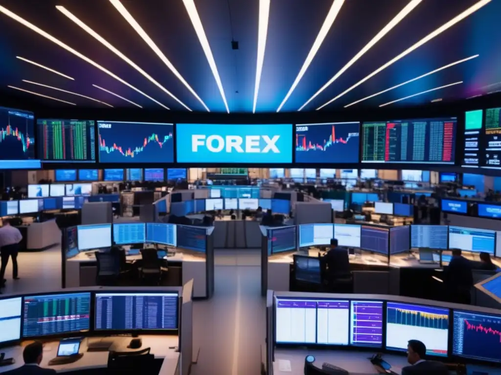 Traders en acción en el mercado Forex Traders en una moderna sala de Forex con gráficos y discusiones intensas