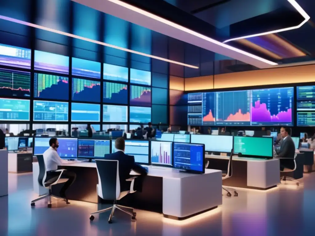 Trading floor moderno y activo Traders en una moderna sala de inversiones llena de actividad