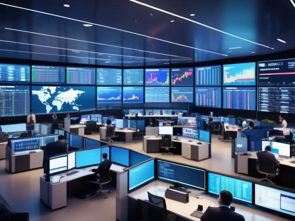 Trading floor moderno y dinámico Traders en una moderna sala de negociación con pantallas mostrando datos de la bolsa