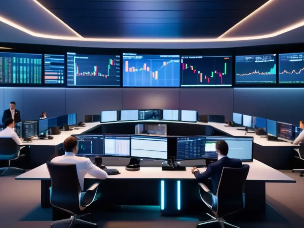 Trading floor con traders y monitores modernos Traders en moderna sala de operaciones con monitores de última generación