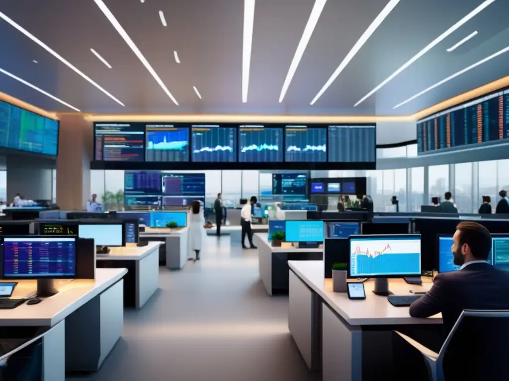 Trading floor moderno y dinámico Traders en acción en moderna sala de operaciones bursátil con vistas panorámicas, simbolizando los mejores momentos para operar en bolsa