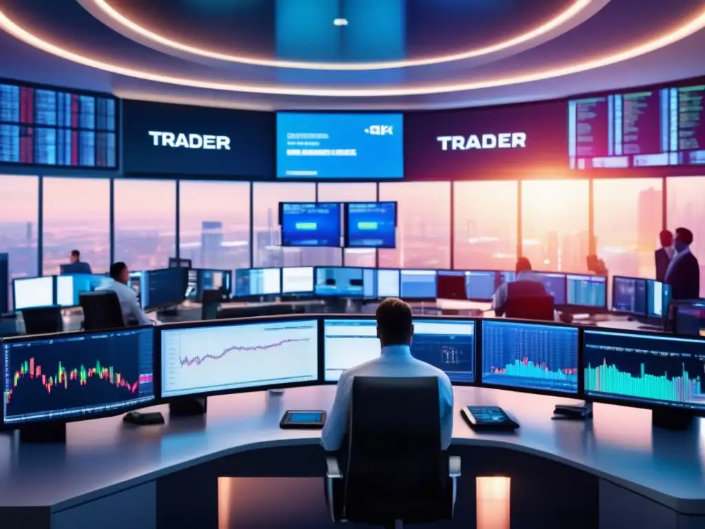 Traders enfocados en pantallas en un moderno piso de trading Traders en moderna sala de trading, enfocados en pantallas con tecnología futurista