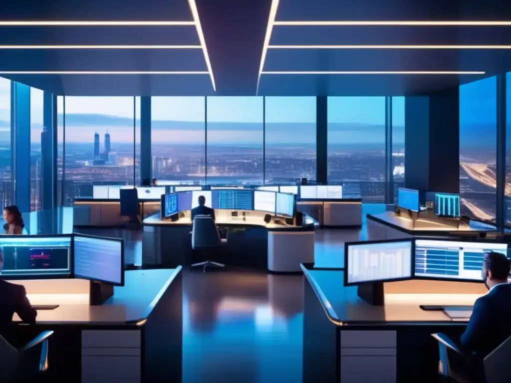 Trading floor moderno y sofisticado Traders en moderna sala de trading con vista a la ciudad - Beneficios del trading de algodón