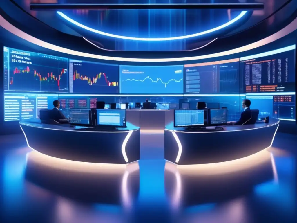 Trading futurista en 8k con gráficos y traders Traders en moderna sala de trading, con pantallas transparentes mostrando datos de mercado