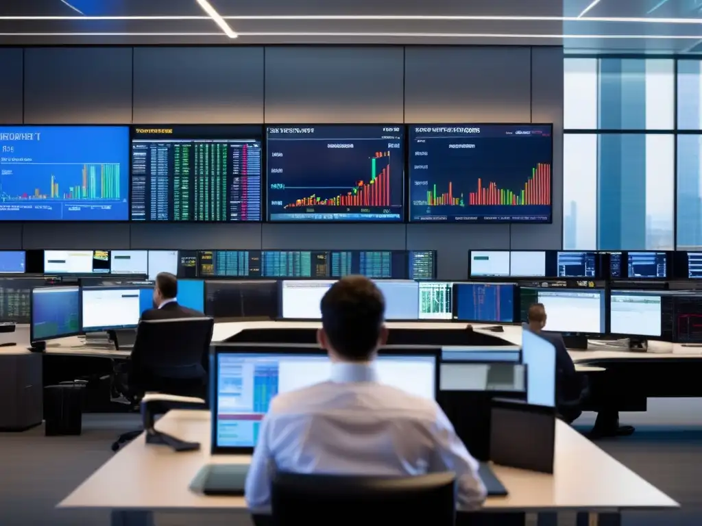 Trading floor moderno, elegante y sofisticado Traders en moderna sala de trading con monitores mostrando datos financieros y gráficos