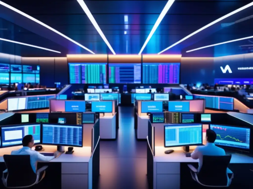 Traders en piso de operaciones con tecnología avanzada Traders en moderna sala de trading con alta tecnología y datos en tiempo real