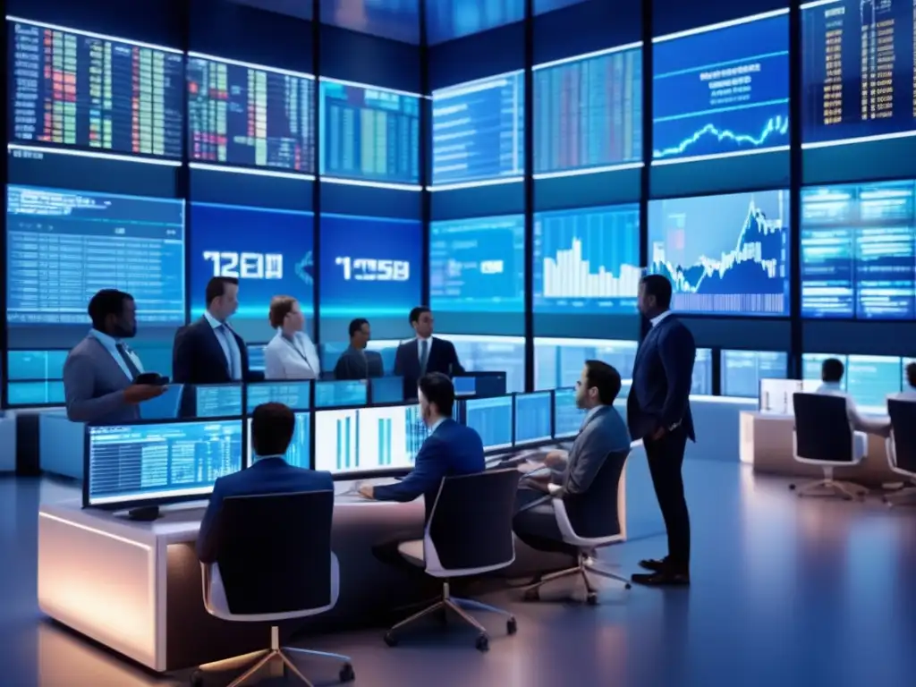 Traders en piso bursátil moderno Traders discuten emocionalmente en una moderna sala de trading con pantallas de alta tecnología mostrando datos bursátiles en tiempo real