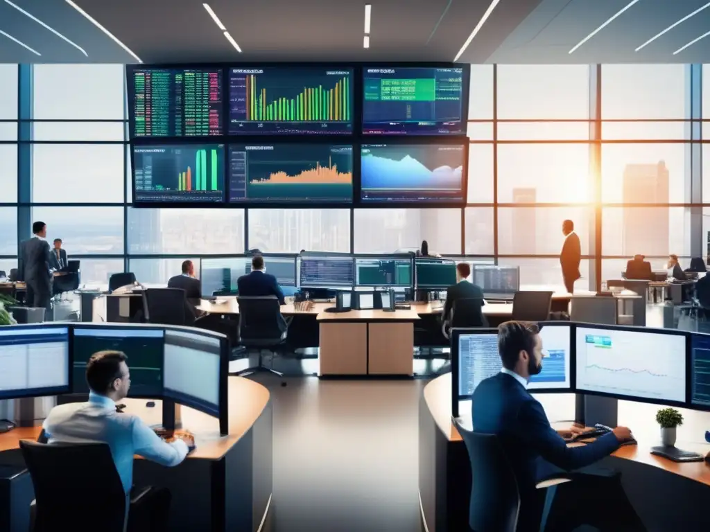 Traders en acción: la emoción de invertir Traders en moderno piso bursátil, analizando datos en tiempo real