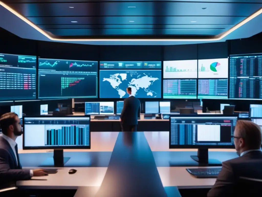 Estudio de trading moderno y dinámico Traders en moderno piso de operaciones con tecnología avanzada, analizando datos y tomando decisiones rápidas