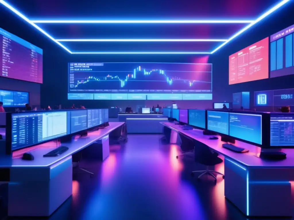 Trading floor futurista lleno de energía Traders modernos en futurista piso de operaciones, resaltando la importancia del volumen en análisis técnicos
