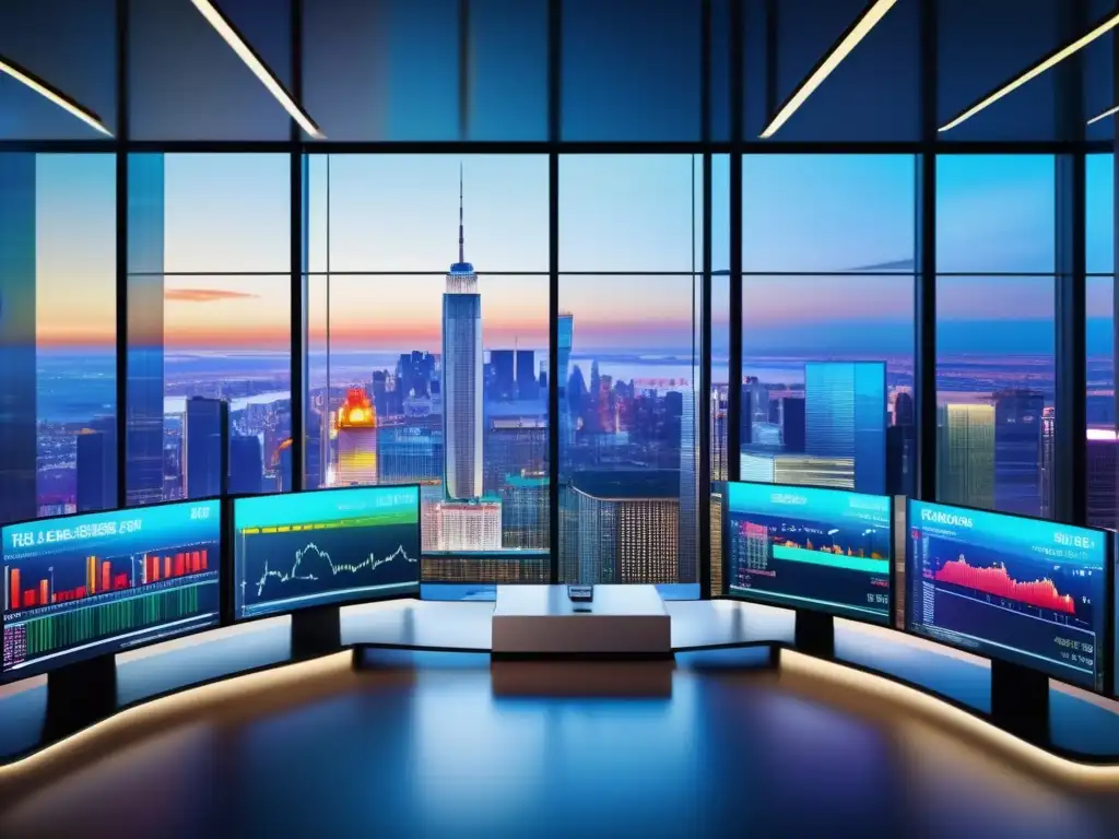 Sala de trading moderna y vibrante con tecnología de vanguardia Traders novatos en sala de trading moderna con vistas panorámicas a la ciudad, análisis de datos y colaboración en estrategias