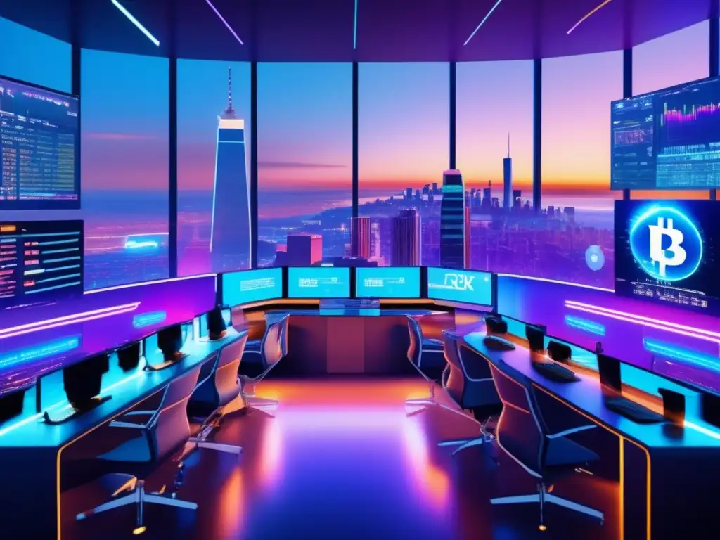Futuro trading floor con tecnología avanzada y bots de criptomonedas Traders ocupados con los mejores bots para invertir en criptomonedas en un futurista piso de operaciones -