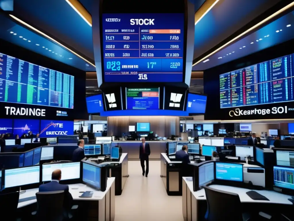 Bolsa de valores llena de actividad Traders en piso de bolsa, arquitectura moderna, datos bursátiles en pantallas, colores y sesgos cognitivos inversión superar