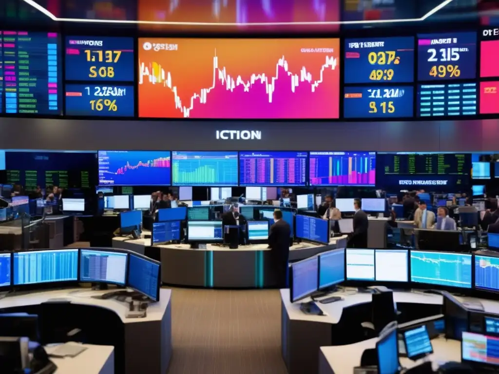 Mercado bursátil vibrante y moderno Traders en piso de bolsa, gráficos y tensión ilustran 'Estrategias para vencer el FOMO en inversiones'