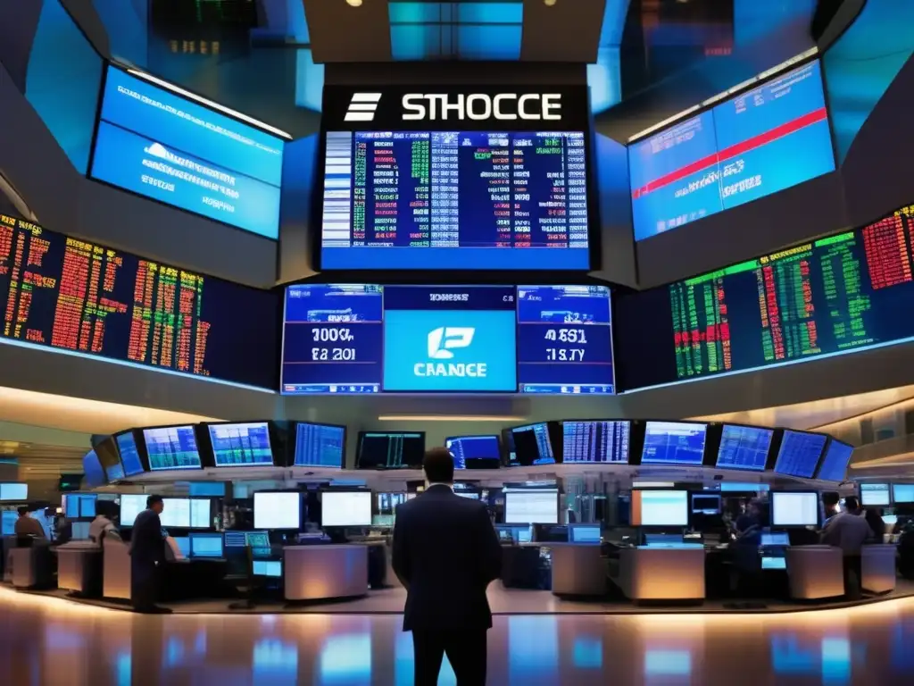 Traders en la bolsa de valores Traders en piso de bolsa con pantallas mostrando datos en tiempo real