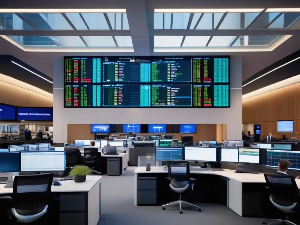 Traders en piso financiero moderno Traders en piso bursátil moderno, monitores mostrando datos de mercado en tiempo real