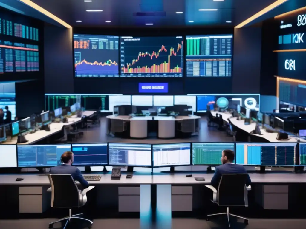 Traders en piso bursátil moderno Traders en piso bursátil moderno, análisis técnico bolsa, vibrante y dinámico con gráficos en tiempo real