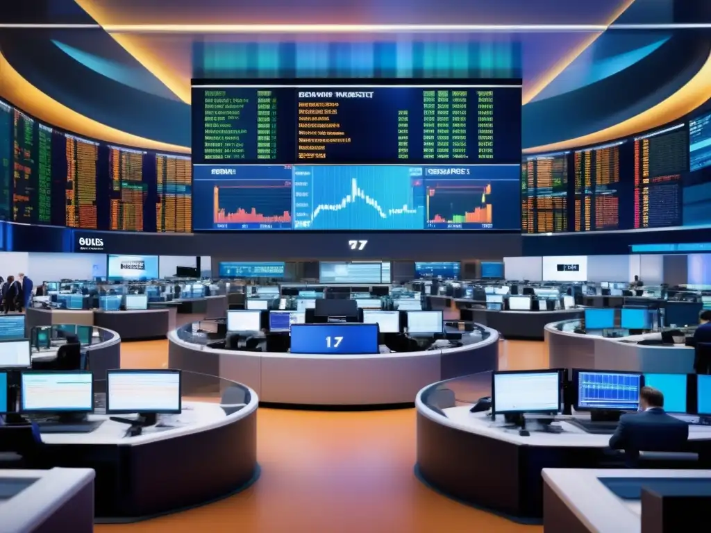 Traders en piso bursátil moderno, activo y dinámico Traders en piso bursátil moderno, análisis de datos y transacciones, reflejando relación rendimiento Tesoro y Bolsa
