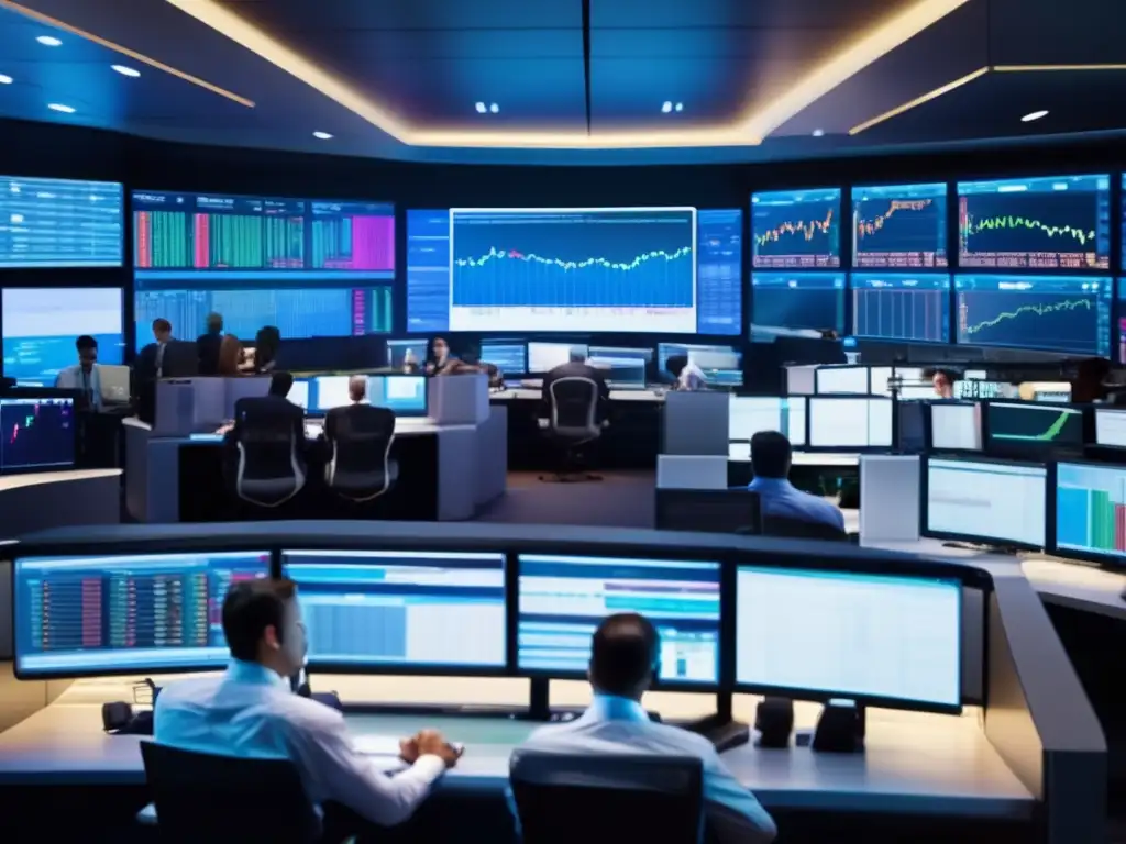 Traders en piso financiero moderno Traders en piso financiero moderno, expertos analizando gráficos y tomando decisiones