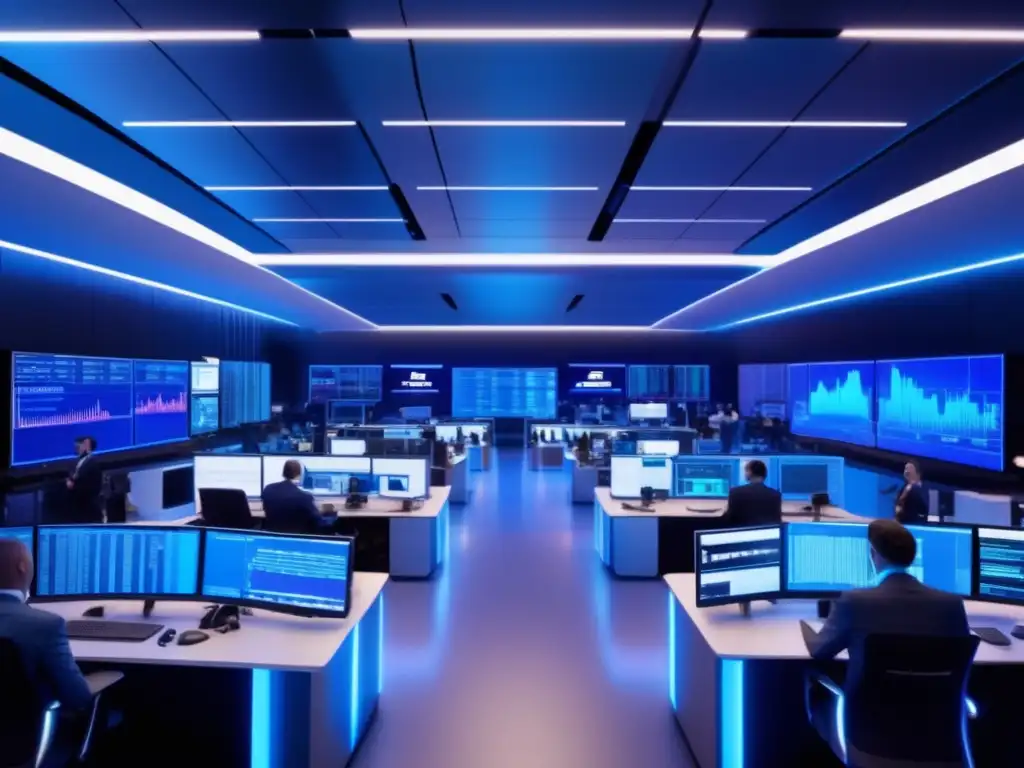 Traders ocupados en una moderna sala de trading Traders en piso financiero moderno, opciones exóticas de inversión, sofisticación y tecnología en acción