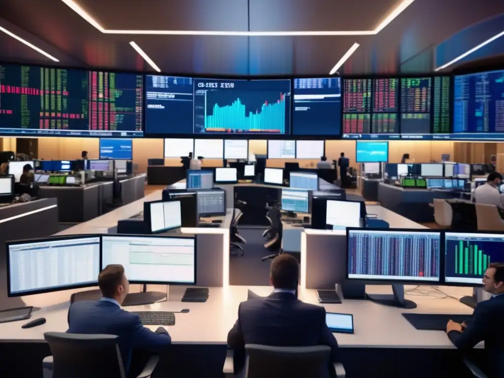 Traders trabajando en una moderna sala de operaciones financieras Traders en piso financiero moderno, mostrando importancia política monetaria ETFs
